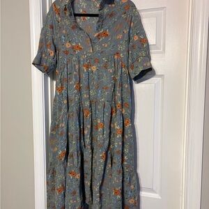 NATURAL LIFE Floral Midi Dress in Blue and Orange with Pockets